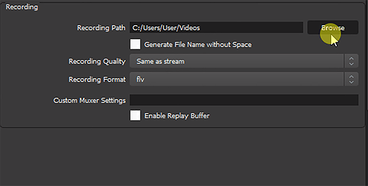 Recording Settings Change Location Browse